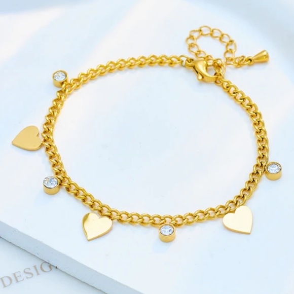 Stainless Steel Gold Heart Necklace and Stud Earrings Set and Hearts Bracelet - Picture 5 of 7